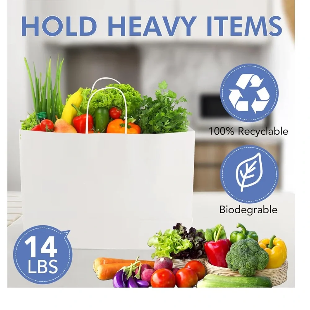 100Pcs 16x6x12 Inches White Large Paper Bags with Handles